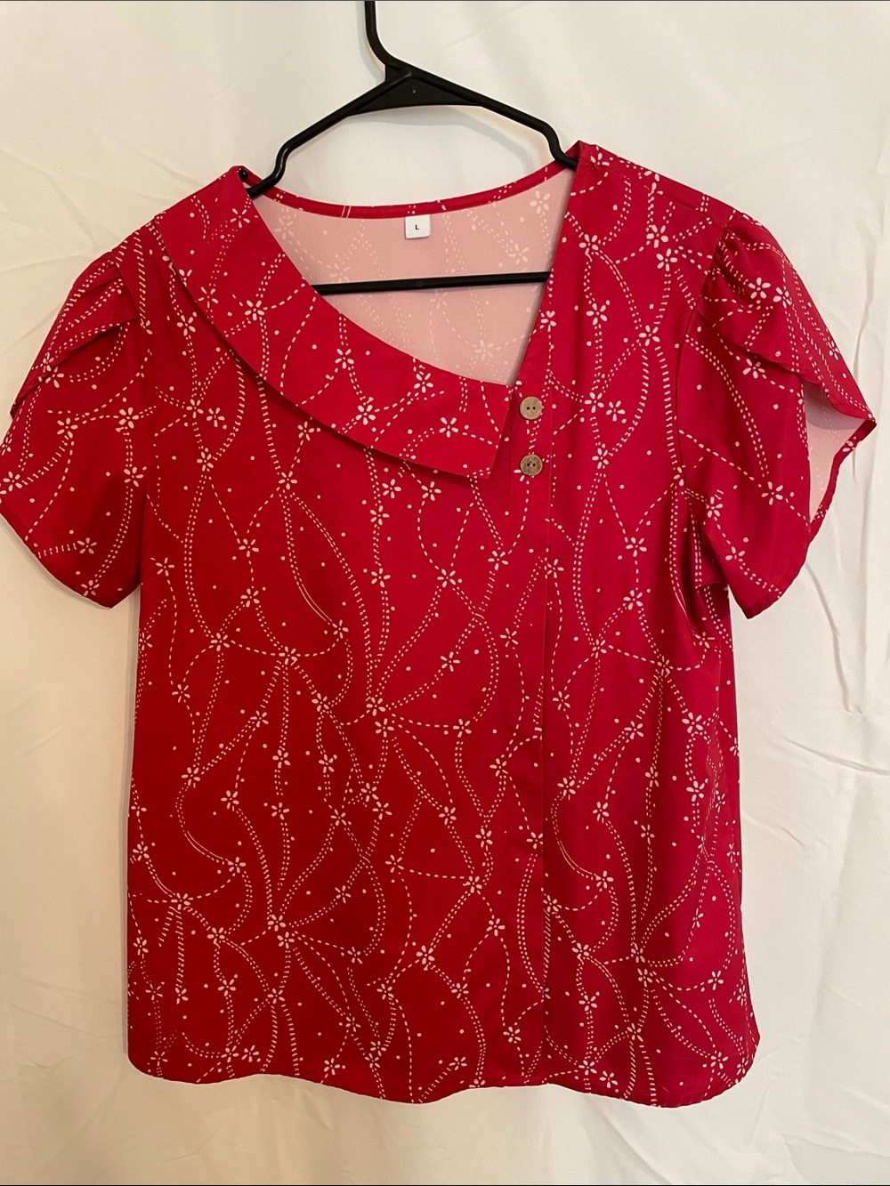 Red Short Sleeve Blouse with White Dot Swirl Print